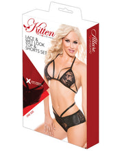 Load image into Gallery viewer, Kitten Lace &amp; Wet Look Top &amp; Short Black O-s