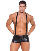 Load image into Gallery viewer, Zeus Wet Look Suspender Shorts Black O-s