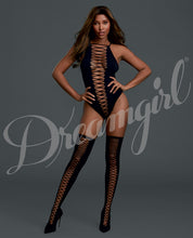 Load image into Gallery viewer, Cross Open Front Teddy W-matching Thigh Highs Black O-s