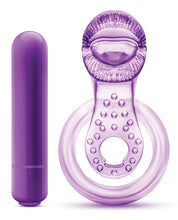 Load image into Gallery viewer, Blush Play With Me Lick It Vibrating Double Strap Cockring - Purple
