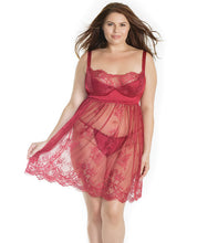 Load image into Gallery viewer, Lightly Padded Demi Cup &amp; Fine Lace Skirt Babydoll &amp; Adjustable Crotchless Panty Merlot 3x-4x