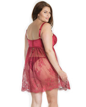 Load image into Gallery viewer, Lightly Padded Demi Cup &amp; Fine Lace Skirt Babydoll &amp; Adjustable Crotchless Panty Merlot 3x-4x