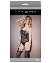 Load image into Gallery viewer, Sleek Seamless Stretch Net Cami Top W-lace Print Detail &amp; Attch. Stockings Black O-s