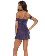 Load image into Gallery viewer, Bold Scallop Lace Mesh Babydoll W-ruched Bust Detail &amp; G-string Navy O-s