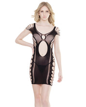 Load image into Gallery viewer, Sleek Seamless Stretch Net Dress W-keyhole Cutouts &amp; Fence Net Sides Black O-s