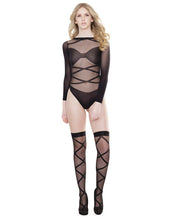 Load image into Gallery viewer, Sleek Sheer Nylon Opaque Print Long Sleeve Teddy &amp; Stockings Black O-s