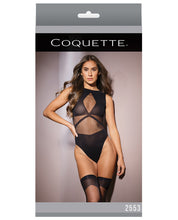 Load image into Gallery viewer, Sleek Sheer Nylon Opaque Print Sleeveless Teddy &amp; Stockings Black O-s