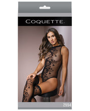 Load image into Gallery viewer, Sleek Sheer Nylon High Neck Teddy W-print &amp; Stockings Black O-s