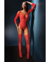Load image into Gallery viewer, Sleek Seamless Stretch Net Long Sleeve Teddy W-attch. Stockings Red O-s