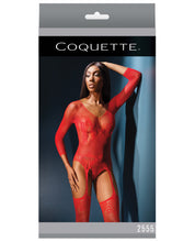 Load image into Gallery viewer, Sleek Seamless Stretch Net Long Sleeve Teddy W-attch. Stockings Red O-s