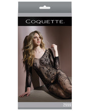 Load image into Gallery viewer, Sleek Seamless Stretch Net Lace Print Long Sleeve Bodystocking Black O-s