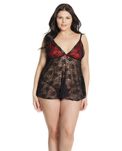 Load image into Gallery viewer, Bold Stretch Lace Babydoll &amp; G-string Black-red Qn