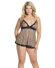 Load image into Gallery viewer, Bold Mesh &amp; Scallop Lace Babydoll &amp; G-string Leopard Qn