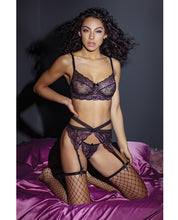 Load image into Gallery viewer, Valentine Sheer Lace Floral Bralette W-garter Belt &amp; G-string Black-lilac Sm