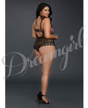 Load image into Gallery viewer, Stretch Satin Teddy W-underwire Cups &amp; Lace Overlay, Tie Back Collar &amp; Snap Crotch Black-vn Rse 1x