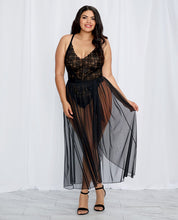 Load image into Gallery viewer, Stretch Lace Teddy &amp; Sheer Mesh Maxi Skirt W-adjustable Straps &amp; G-string Black 3x