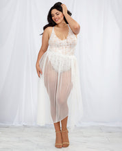 Load image into Gallery viewer, Stretch Lace Teddy &amp; Sheer Mesh Maxi Skirt W-adjustable Straps &amp; G-string White 3x
