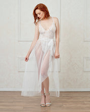 Load image into Gallery viewer, Stretch Lace Teddy &amp; Sheer Mesh Maxi Skirt W-adjustable Straps &amp; G-string White Lg