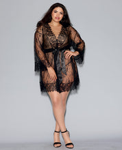 Load image into Gallery viewer, Long Sleeved Lace Kimono Robe W-eyelash Trim &amp; Attch. Satin Belt Black 1x