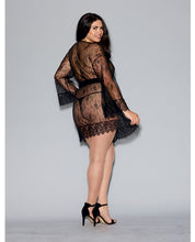 Load image into Gallery viewer, Long Sleeved Lace Kimono Robe W-eyelash Trim &amp; Attch. Satin Belt Black 2x