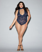 Load image into Gallery viewer, Strech Lace Collared Teddy W-back Zipper Closure &amp; Thong Back Midnight Blue 3x