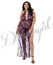 Load image into Gallery viewer, Toga Style Lace Gown W-adjstble Satin Straps, Halter Cups &amp; G-string Plum 1x
