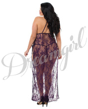 Load image into Gallery viewer, Toga Style Lace Gown W-adjstble Satin Straps, Halter Cups &amp; G-string Plum 3x