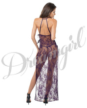 Load image into Gallery viewer, Toga Style Lace Gown W-adjstble Satin Straps, Halter Cups &amp; G-string Plum Xl
