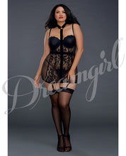 Load image into Gallery viewer, Lace Chemise Garter Slip W-neck Collar Strap &amp; Removable Shoulder Straps Black 3x