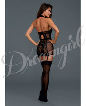 Load image into Gallery viewer, Lace Chemise Garter Slip W-neck Collar Strap &amp; Removable Shoulder Straps Black Lg
