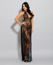 Load image into Gallery viewer, Eyelash Lace Gown W-unlined Halter Cups, Adjustable Straps &amp; G-string Black Md