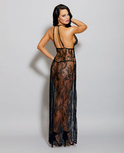 Load image into Gallery viewer, Eyelash Lace Gown W-unlined Halter Cups, Adjustable Straps &amp; G-string Black Md