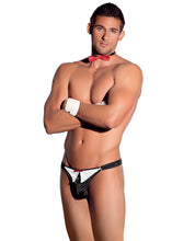 Load image into Gallery viewer, Mens Tuxedo Set Thong, Cuffs &amp; Bow Tie Neckpiece Black-white O-s