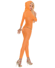 Load image into Gallery viewer, Vivace Crochet Hooded Bodystocking W-sleeves Neon Orange O-s
