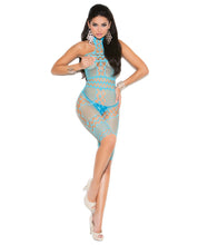 Load image into Gallery viewer, Vivace Crochet &amp; Fishnet Halter Neck Mid Length Bodystocking Turquoise O-s