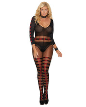 Load image into Gallery viewer, Vivace Sheer &amp; Opaque Long Sleeve Bodystocking W-horizontal Stripes &amp; Open Crotch Black O-q