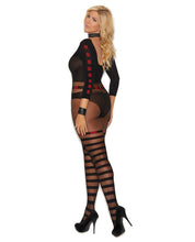 Load image into Gallery viewer, Vivace Sheer &amp; Opaque Long Sleeve Bodystocking W-horizontal Stripes &amp; Open Crotch Black O-q