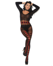 Load image into Gallery viewer, Vivace Sheer &amp; Opaque Long Sleeve Bodystocking W-horizontal Stripes &amp; Open Crotch Black O-s
