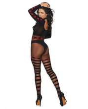 Load image into Gallery viewer, Vivace Sheer &amp; Opaque Long Sleeve Bodystocking W-horizontal Stripes &amp; Open Crotch Black O-s