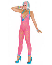 Load image into Gallery viewer, Vivace Crochet Bodystocking W-peek A Boo Back Neon Pink O-s