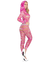 Load image into Gallery viewer, Vivace Hooded Deep V Crotchless Bodystocking In Tie Dye Print Multi O-s