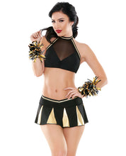 Load image into Gallery viewer, Play Crowd Pleaser Halter Mesh &amp; Micro Top, Pleated Skirt &amp; Pom Poms Black-gold S-m