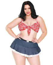 Load image into Gallery viewer, Curve Woodys Roundup Halter Bra, Skirt W-lace Trim &amp; Ruffled Panty Red-blue 3x-4x