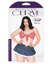 Load image into Gallery viewer, Curve Woodys Roundup Halter Bra, Skirt W-lace Trim &amp; Ruffled Panty Red-blue 3x-4x
