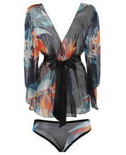 Load image into Gallery viewer, Spring Bahama Mama Tropical Print Mesh Kimono &amp; Panty Black Floral 3x-4x