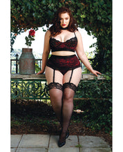 Load image into Gallery viewer, Fall Winter Bra W-lace Overlay, Gartered Skirt &amp; Panty Black-red 3x