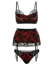 Load image into Gallery viewer, Fall Winter Bra W-lace Overlay, Gartered Skirt &amp; Panty Black-red 3x