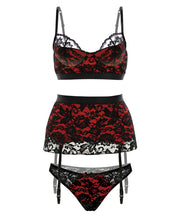 Load image into Gallery viewer, Fall Winter Bra W-lace Overlay, Gartered Skirt &amp; Panty Black-red Sm