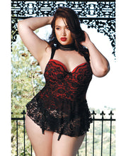 Load image into Gallery viewer, Fall Winter Skirted Bustier W-lace Overlay &amp; Panty Black-red 3x
