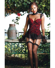 Load image into Gallery viewer, Fall Winter Skirted Bustier W-lace Overlay &amp; Panty Black-red Lg